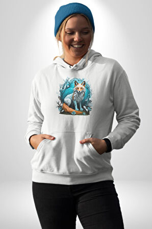 Beyaz Kurt Altın Maske Doğa  Kadın Erkek  Beyaz Kapüşonlu Sweatshirt Hoodie