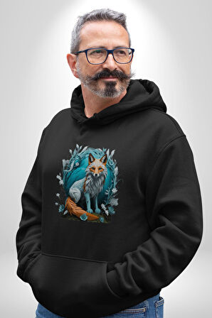 Beyaz Kurt Altın Maske Doğa  Kadın Erkek  Siyah Kapüşonlu Sweatshirt Hoodie