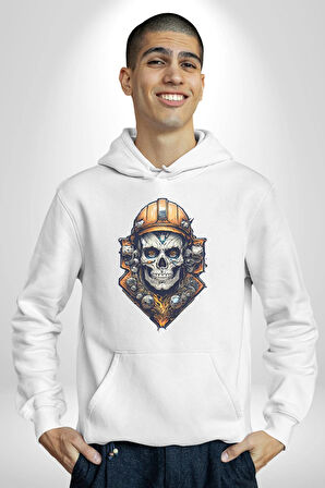 Maden İşcisi Kuru Kafa  Kadın Erkek  Beyaz Kapüşonlu Sweatshirt Hoodie