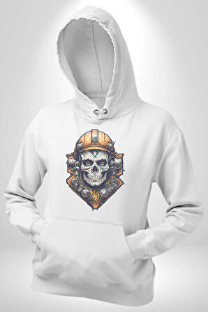 Maden İşcisi Kuru Kafa  Kadın Erkek  Beyaz Kapüşonlu Sweatshirt Hoodie