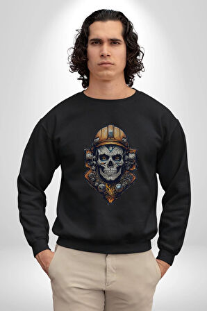 Maden İşcisi Kuru Kafa  Kadın Erkek  Siyah Baskılı Sweatshirt 