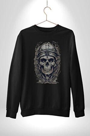 Kask Miğfer İskelet Asker Kadın Erkek  Siyah Baskılı Sweatshirt 