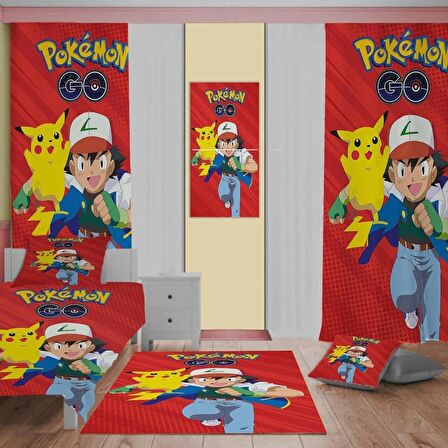 Pokemon  Desenli Çocuk Odası Takım Perde (iki Kanat),Yatak Örtüsü,Yastık,Kırlent ,Halı,Tablo