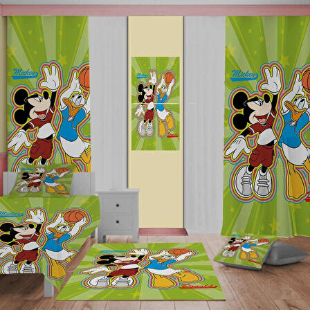 Mickey Desen Çocuk Odası Dekorasyon Takımı Perde (Iki Kanat),yatak Örtüsü,yastık,kırlent ,halı,tablo