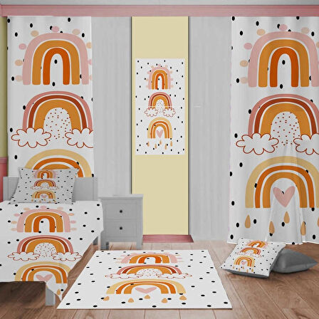 Gökkuşağı  Desen Çocuk Odası Takım Perde (Iki Kanat),yatak Örtüsü,yastık,kırlent ,halı,tablo