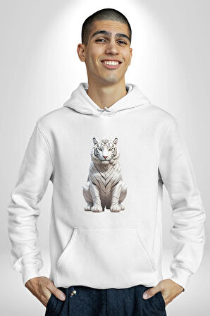 Beyaz Kaplan  Kadın Erkek  Beyaz Kapüşonlu Sweatshirt Hoodie