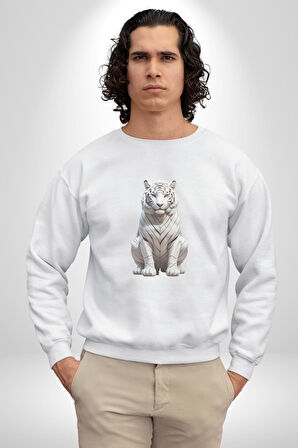 Beyaz Kaplan  Kadın Erkek  Beyaz Baskılı Sweatshirt 