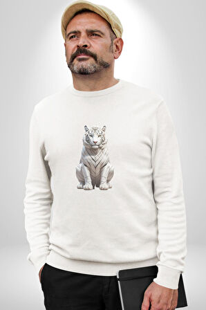Beyaz Kaplan  Kadın Erkek  Beyaz Baskılı Sweatshirt 
