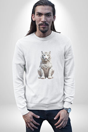 Beyaz Kaplan  Kadın Erkek  Beyaz Baskılı Sweatshirt 