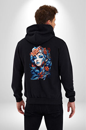 Kızlar modası Dövme Çiçek  Kadın Erkek Siyah Renk Kapüşonlu Kanguru Cepli  Fermuarlı Pamuklu Oversize Dijital Baskılı Hırka Sweatshirt