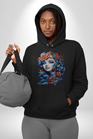 Kızlar modası Dövme Çiçek  Kadın Erkek  Siyah Kapüşonlu Sweatshirt Hoodie