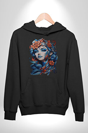 Kızlar modası Dövme Çiçek  Kadın Erkek  Siyah Kapüşonlu Sweatshirt Hoodie