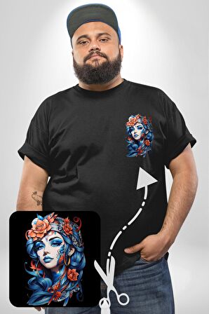 Kızlar modası Dövme Çiçek  Siyah Büyük Beden Kadın Basic Minimal Baskılı Tişört