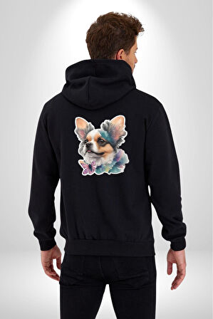 Chihuahua Köpek  Kadın Erkek Siyah Renk Kapüşonlu Kanguru Cepli  Fermuarlı Pamuklu Oversize Dijital Baskılı Hırka Sweatshirt