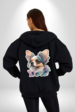 Chihuahua Köpek  Kadın Erkek Siyah Renk Kapüşonlu Kanguru Cepli  Fermuarlı Pamuklu Oversize Dijital Baskılı Hırka Sweatshirt