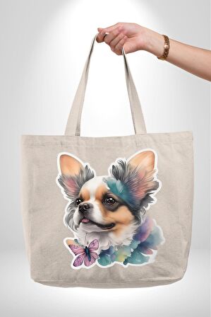 Chihuahua Köpek 47X36x8 Kadın Erkek Çocuk Kanvas Körüklü Büyük Boy Çanta