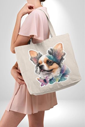 Chihuahua Köpek 47X36x8 Kadın Erkek Çocuk Kanvas Körüklü Büyük Boy Çanta