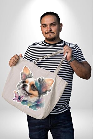 Chihuahua Köpek 47X36x8 Kadın Erkek Çocuk Kanvas Körüklü Büyük Boy Çanta