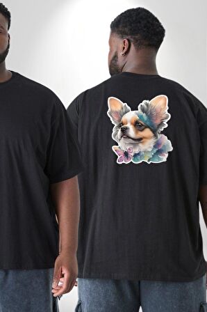 Chihuahua Köpek  Büyük Beden Siyah Tişört Kadın Erkek Ünisex Sırt Baskılı
