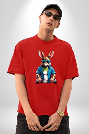 Halter Spor Güneş Gözlüüğü Tavşan Pamuklu Bisiklet Yaka Kadın Erkek Oversize Boyfriend Dijital Baskılı Kırmızı T-Shirt