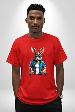 Halter Spor Güneş Gözlüüğü Tavşan Pamuklu Bisiklet Yaka Kadın Erkek Oversize Boyfriend Dijital Baskılı Kırmızı T-Shirt