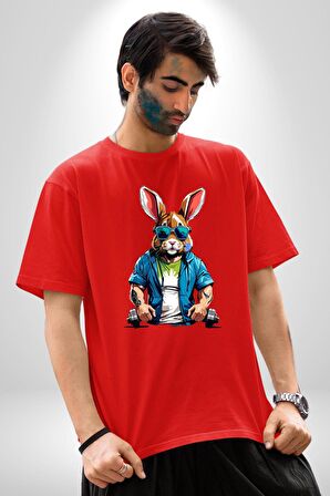 Halter Spor Güneş Gözlüüğü Tavşan Pamuklu Bisiklet Yaka Kadın Erkek Oversize Boyfriend Dijital Baskılı Kırmızı T-Shirt
