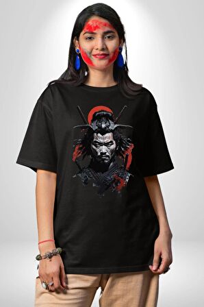 Asyalı Japon Samuray Savaşcı Pamuklu Bisiklet Yaka Kadın Erkek Oversize Boyfriend Dijital Baskılı Siyah T-shirt