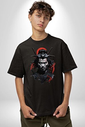 Asyalı Japon Samuray Savaşcı Pamuklu Bisiklet Yaka Kadın Erkek Oversize Boyfriend Dijital Baskılı Siyah T-shirt