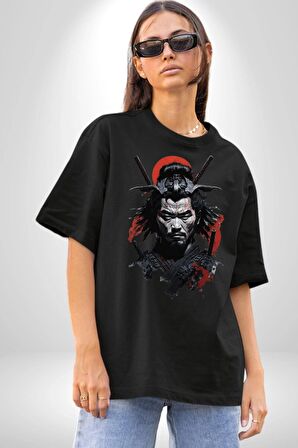 Asyalı Japon Samuray Savaşcı Pamuklu Bisiklet Yaka Kadın Erkek Oversize Boyfriend Dijital Baskılı Siyah T-shirt