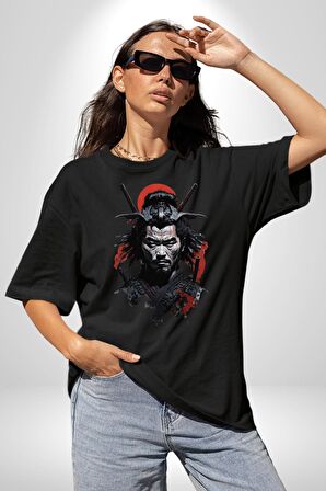Asyalı Japon Samuray Savaşcı Pamuklu Bisiklet Yaka Kadın Erkek Oversize Boyfriend Dijital Baskılı Siyah T-shirt