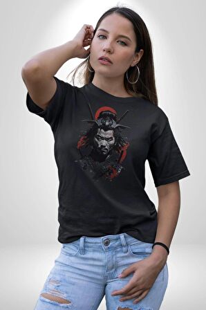 Asyalı Japon Samuray Savaşcı Kadın Erkek Unisex Siyah Organik Baskılı T-Shirt Penye Yüksek Kalite