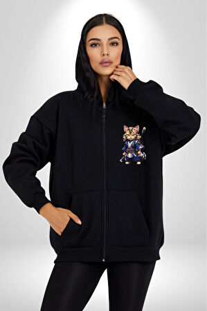 Asyalı Kedi Samuray Savaşcı  Kadın Erkek Siyah Renk Kapüşonlu Kanguru Cepli  Fermuarlı Pamuklu Oversize Dijital Baskılı Hırka Sweatshirt