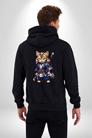 Asyalı Kedi Samuray Savaşcı  Kadın Erkek Siyah Renk Kapüşonlu Kanguru Cepli  Fermuarlı Pamuklu Oversize Dijital Baskılı Hırka Sweatshirt