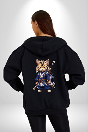 Asyalı Kedi Samuray Savaşcı  Kadın Erkek Siyah Renk Kapüşonlu Kanguru Cepli  Fermuarlı Pamuklu Oversize Dijital Baskılı Hırka Sweatshirt