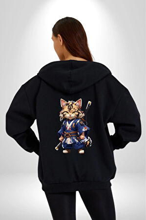 Asyalı Kedi Samuray Savaşcı  Kadın Erkek Siyah Renk Kapüşonlu Kanguru Cepli  Fermuarlı Pamuklu Oversize Dijital Baskılı Hırka Sweatshirt