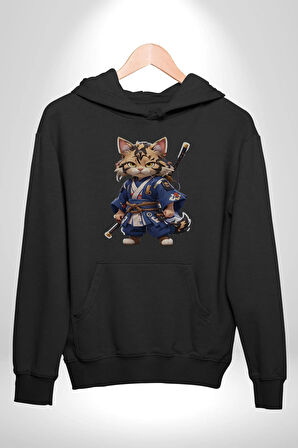 Asyalı Kedi Samuray Savaşcı  Kadın Erkek  Siyah Kapüşonlu Sweatshirt Hoodie