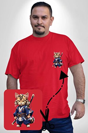 Asyalı Kedi Samuray Savaşcı  Kırmızı Büyük Beden Kadın Basic Minimal Baskılı Tişört