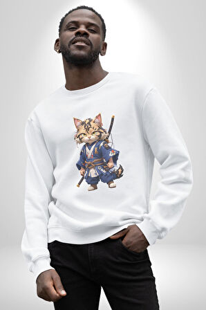 Asyalı Kedi Samuray Savaşcı  Kadın Erkek  Beyaz Baskılı Sweatshirt 