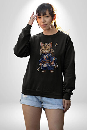Asyalı Kedi Samuray Savaşcı  Kadın Erkek  Siyah Baskılı Sweatshirt 