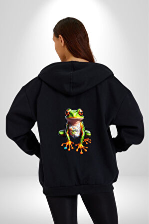 Frog Kurbağa Prens  Kadın Erkek Siyah Renk Kapüşonlu Kanguru Cepli  Fermuarlı Pamuklu Oversize Dijital Baskılı Hırka Sweatshirt