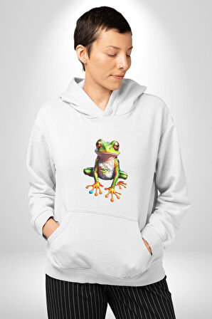 Frog Kurbağa Prens  Kadın Erkek  Beyaz Kapüşonlu Sweatshirt Hoodie