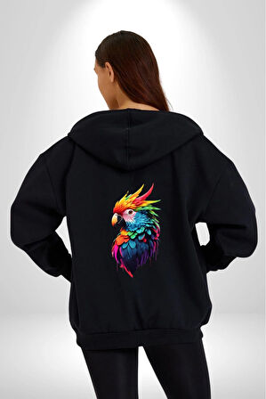 Renkli Amerikan Papağanı Kadın Erkek Siyah Renk Kapüşonlu Kanguru Cepli  Fermuarlı Pamuklu Oversize Dijital Baskılı Hırka Sweatshirt