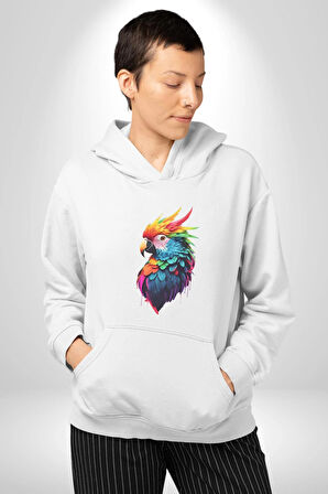 Renkli Amerikan Papağanı Kadın Erkek  Beyaz Kapüşonlu Sweatshirt Hoodie