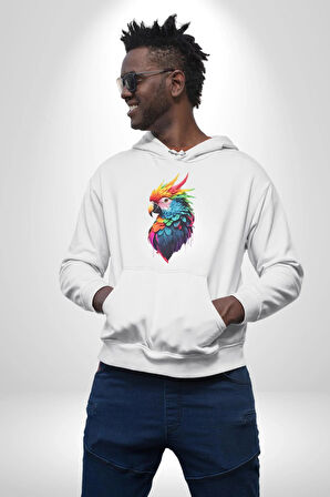Renkli Amerikan Papağanı Kadın Erkek  Beyaz Kapüşonlu Sweatshirt Hoodie