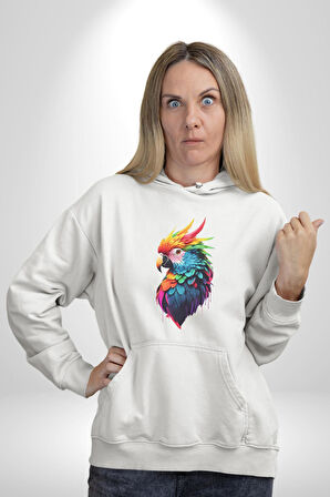 Renkli Amerikan Papağanı Kadın Erkek  Beyaz Kapüşonlu Sweatshirt Hoodie