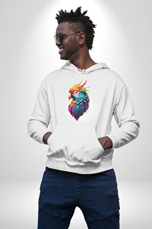 Renkli Amerikan Papağanı Kadın Erkek  Beyaz Kapüşonlu Sweatshirt Hoodie