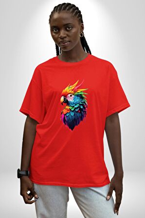 Renkli Amerikan Papağanı Pamuklu Bisiklet Yaka Kadın Erkek Oversize Boyfriend Dijital Baskılı Kırmızı T-Shirt