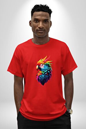 Renkli Amerikan Papağanı Pamuklu Bisiklet Yaka Kadın Erkek Oversize Boyfriend Dijital Baskılı Kırmızı T-Shirt