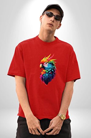 Renkli Amerikan Papağanı Pamuklu Bisiklet Yaka Kadın Erkek Oversize Boyfriend Dijital Baskılı Kırmızı T-Shirt