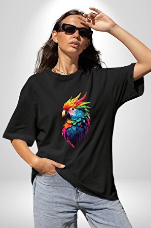 Renkli Amerikan Papağanı Pamuklu Bisiklet Yaka Kadın Erkek Oversize Boyfriend Dijital Baskılı Siyah T-shirt